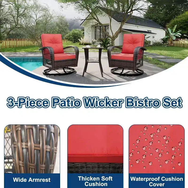 3-Piece Swivel Rocking Patio Chairs Set with 2 360-Degree Swivel Rocking Chairs and Tempered Glass Table, Bistro Set With Thickened Cushions