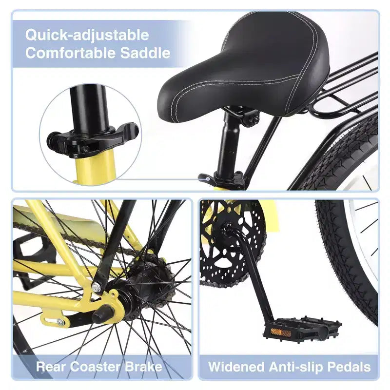 NAYSAYE Bicycle Single Speed 26 Inch Beach Cruiser Bike Steel Frame for Women for Relaxed Rides, Yellow, 69.29*25.98*39.37