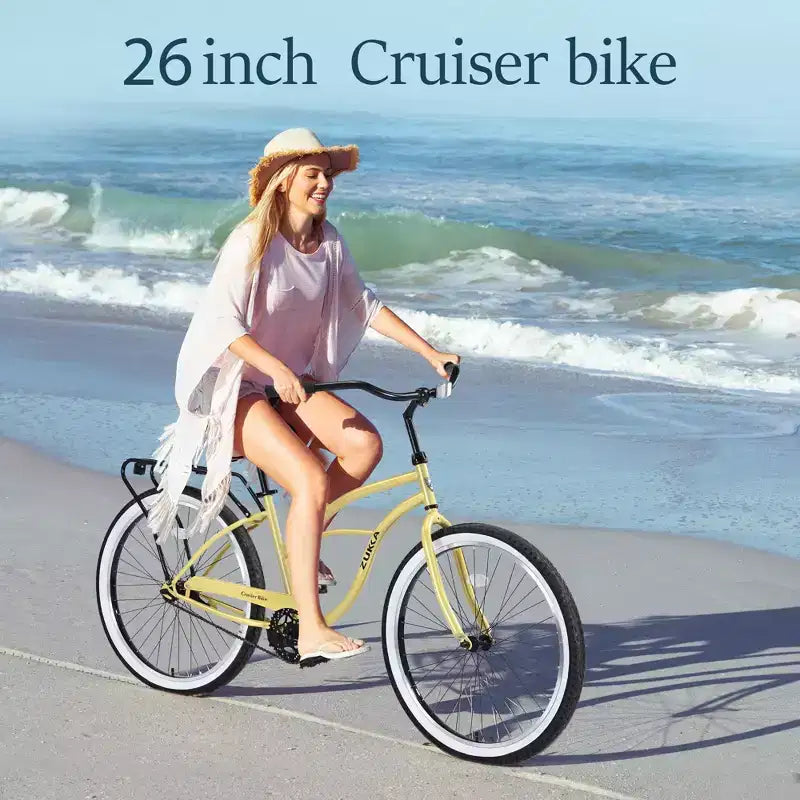 NAYSAYE Bicycle Single Speed 26 Inch Beach Cruiser Bike Steel Frame for Women for Relaxed Rides, Yellow, 69.29*25.98*39.37