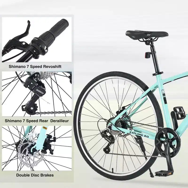 NAYSAYE Bicycle 7 Speed Hybrid Bike Aluminum Frame Double Disc Brakes for City Adventures, Green, 64.57*25.19*37.79