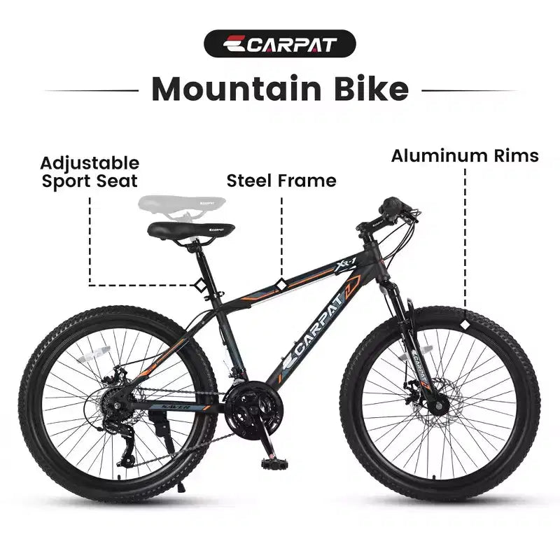 NAYSAYE Bicycle 24 Inch Mountain Bike 21 Speeds Steel Frame for Boys and Girls for Off Road Adventures, Black and Orange, 56.3*7.88*28.35