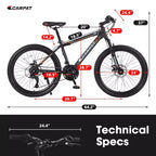 NAYSAYE Bicycle 24 Inch Mountain Bike 21 Speeds Steel Frame for Boys and Girls for Off Road Adventures, Black and Orange, 56.3*7.88*28.35