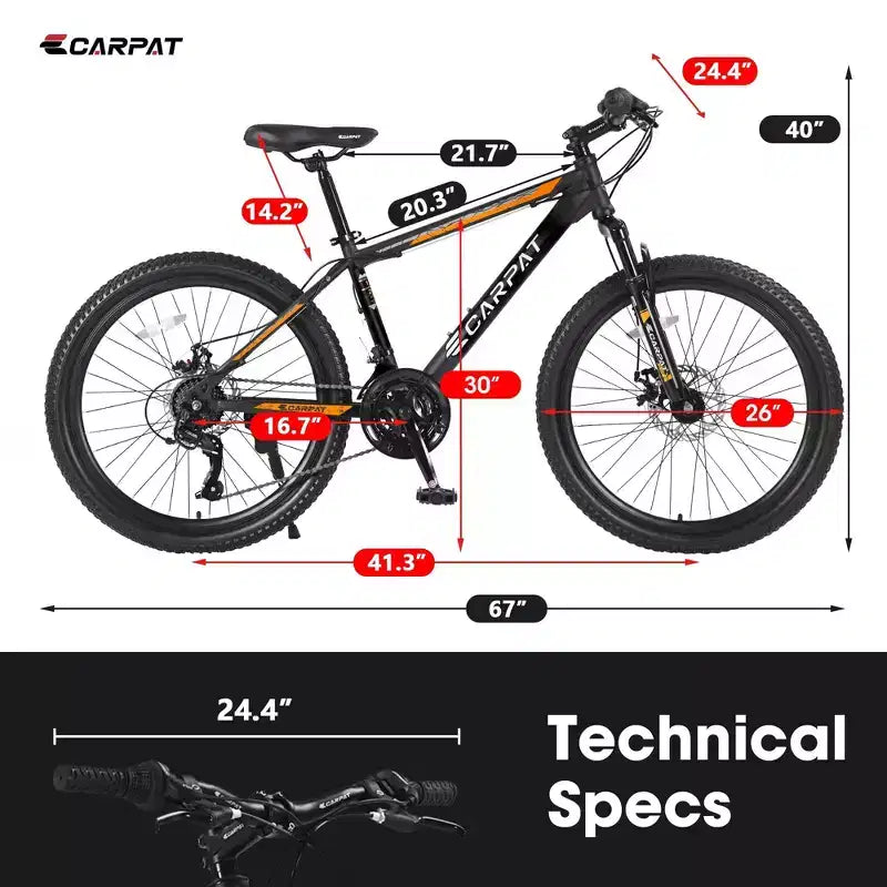 NAYSAYE Bicycle 26 Inch Mountain Bike 21 Speeds Mechanical Disc Brakes for Off Road, Orange, 71*25*39.3