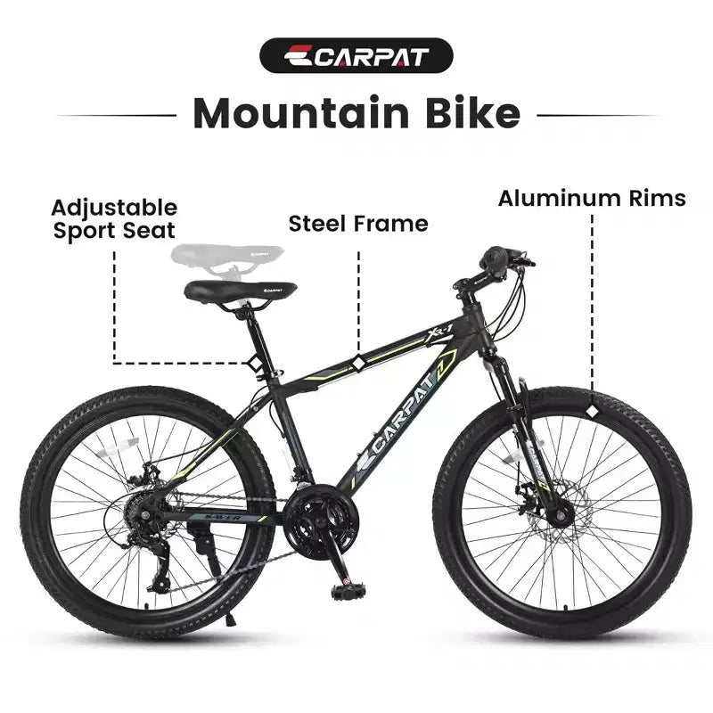 NAYSAYE Bicycle 24 Inch Mountain Bike 21 Speeds Steel Frame for Boys and Girls for Off Road Trails, Black and Green, 56.3*7.88*28.35
