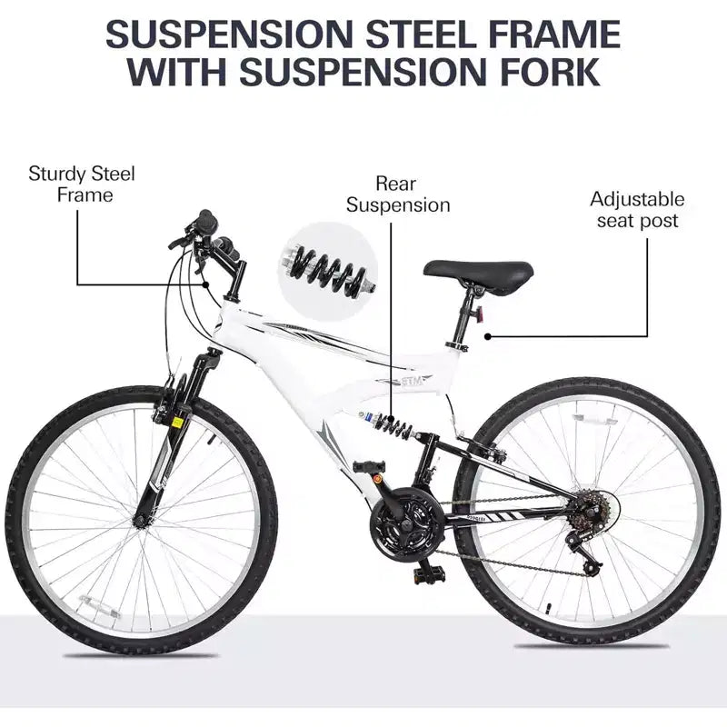 hykolity 26 inch Mountain Bike MTB Outdoor Bicycle Cycling 18 Speed Sport Bikes Trail Off Road Full Suspension for Adult Men Unisex White