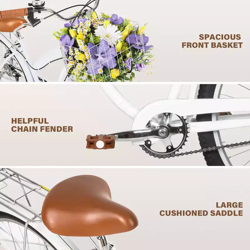 hykolity 26 inch Cruiser Bike Beach Bicycle City Bike Commuter Cycling for Adult Women Height 60-72 inch Front Basket Rear Rack Pale White