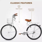 hykolity 26 inch Cruiser Bike Beach Bicycle City Bike Commuter Cycling for Adult Women Height 60-72 inch Front Basket Rear Rack Pale White