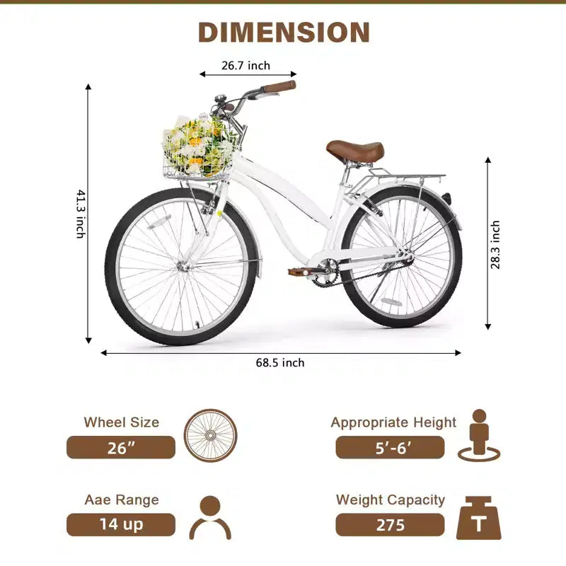 hykolity 26 inch Cruiser Bike Beach Bicycle City Bike Commuter Cycling for Adult Women Height 60-72 inch Front Basket Rear Rack Pale White