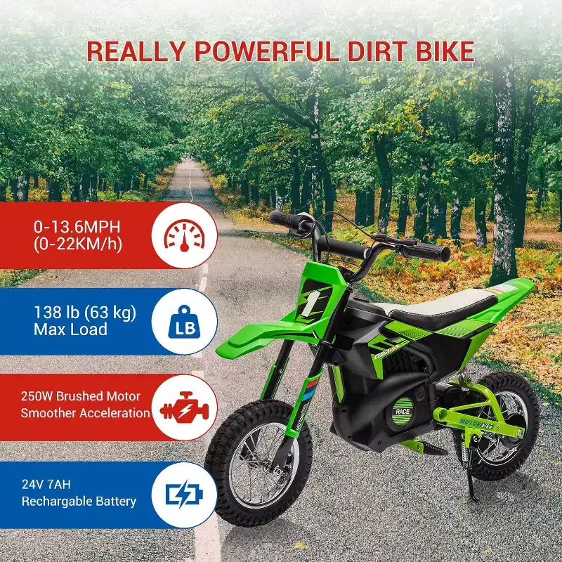 24V Kids Electric Off-Road Motorcycle 250W Motor Air-Filled Tires Metal Suspension Max 22KM/H 139LBS Load for Ages 6+ Riding Toy
