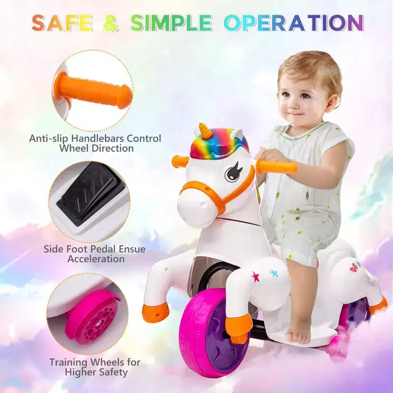 Sandinrayli Kids Ride on Unicorn Car Toys 6V Kids' Electric Vehicles 3-Wheel Toddler Trike, Colorful