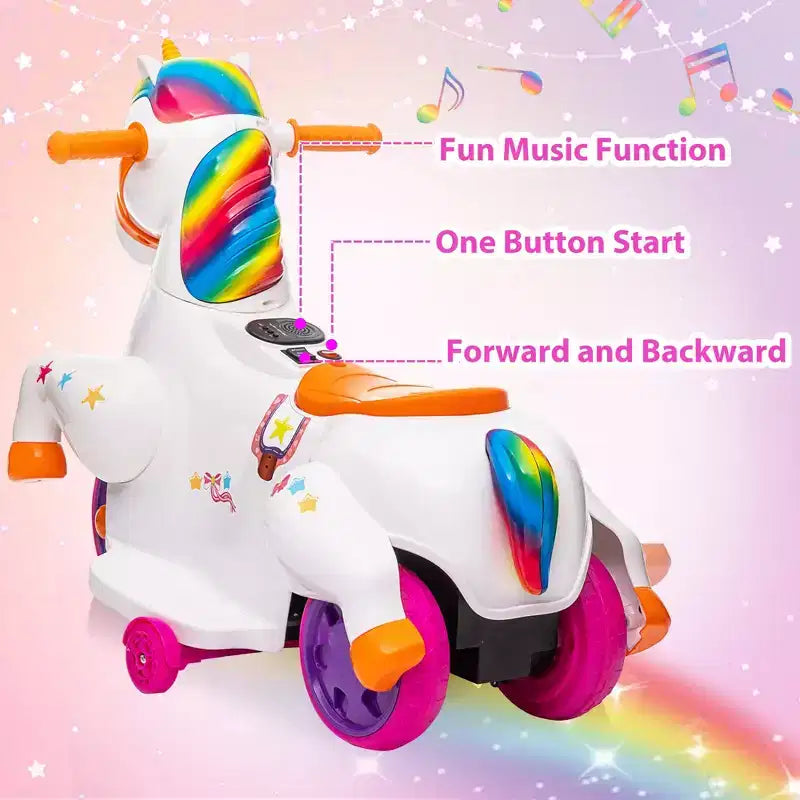 Sandinrayli Kids Ride on Unicorn Car Toys 6V Kids' Electric Vehicles 3-Wheel Toddler Trike, Colorful
