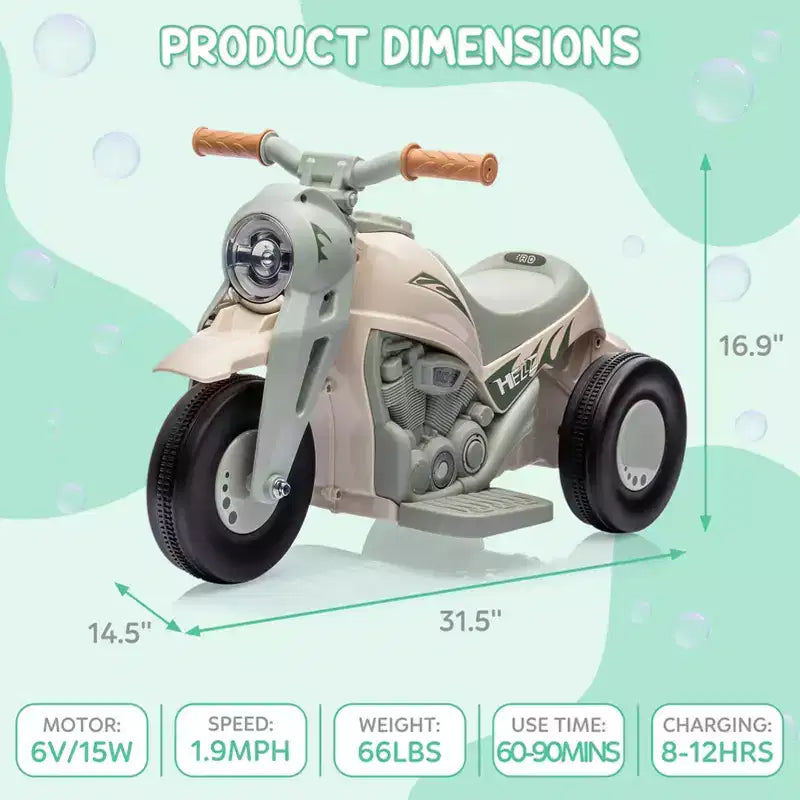 6V Kids Bubble Ride-On Motorcycle w/LED Lights & Music, Foot Pedal, Forward/Reverse, 66LBS for Ages 3+ (Bubble Sol. Not Included)