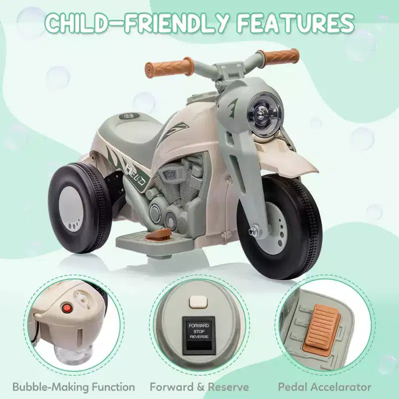 6V Kids Bubble Ride-On Motorcycle w/LED Lights & Music, Foot Pedal, Forward/Reverse, 66LBS for Ages 3+ (Bubble Sol. Not Included)
