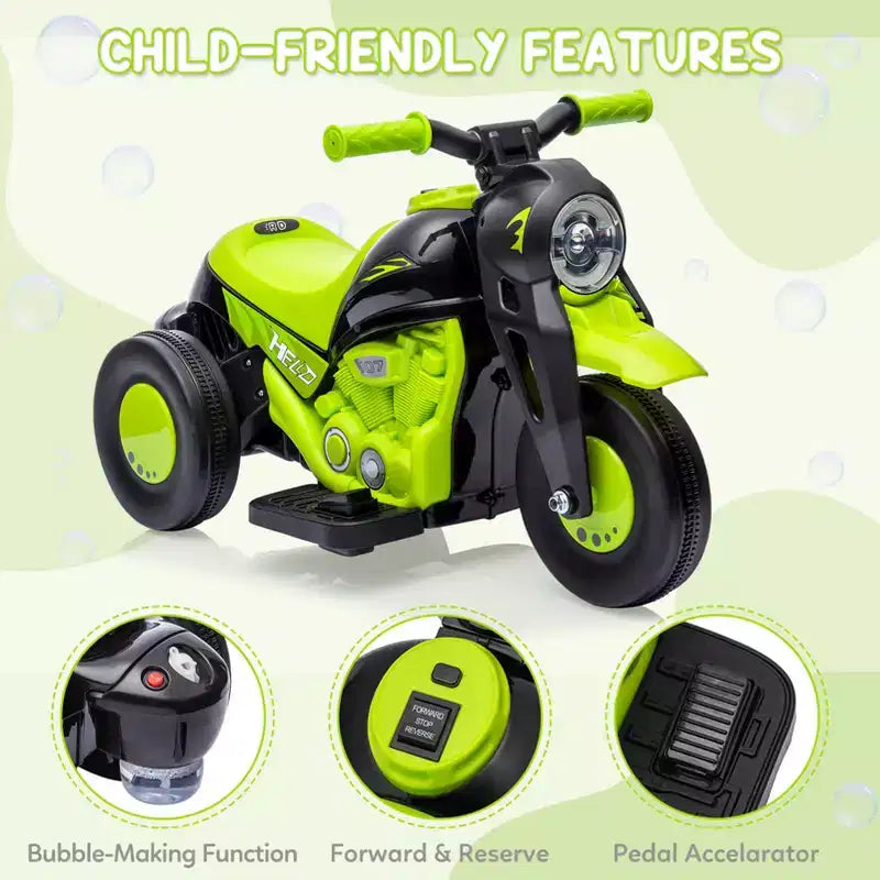 6V Kids Bubble Ride-On Motorcycle w/LED Lights & Music, Foot Pedal, Forward/Reverse, 66LBS for Ages 3+ (Bubble Sol. Not Included)