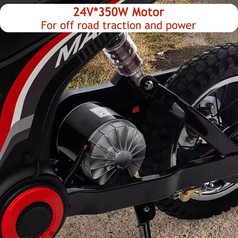 24V Kids Electric Dirt Bike 350W Motor, 3-Speed (5-14.29MPH), Hydraulic Suspension, 135LBS Capacity for Ages 8-12, 90 Min Runtime