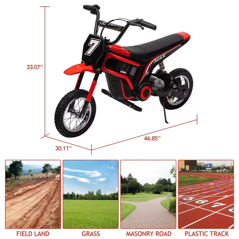 24V Kids Electric Dirt Bike 350W Motor, 3-Speed (5-14.29MPH), Hydraulic Suspension, 135LBS Capacity for Ages 8-12, 90 Min Runtime