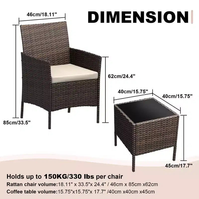 3 Piece Patio Set with PE Rattan  Outdoor Conversation Furniture Set for Front Porch, 2 Chairs & Coffee Table  Bistro Balcony Patio Furniture