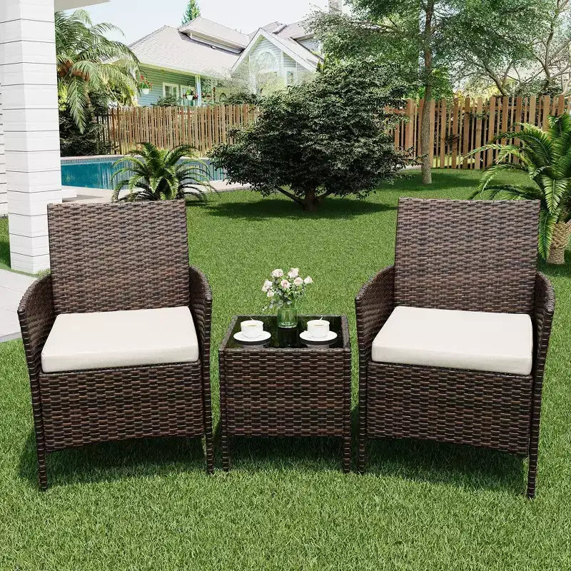 3 Piece Patio Set with PE Rattan  Outdoor Conversation Furniture Set for Front Porch, 2 Chairs & Coffee Table  Bistro Balcony Patio Furniture