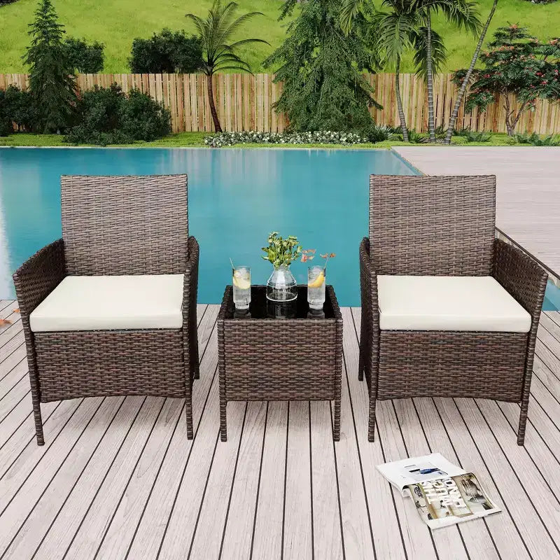 3 Piece Patio Set with PE Rattan  Outdoor Conversation Furniture Set for Front Porch, 2 Chairs & Coffee Table  Bistro Balcony Patio Furniture