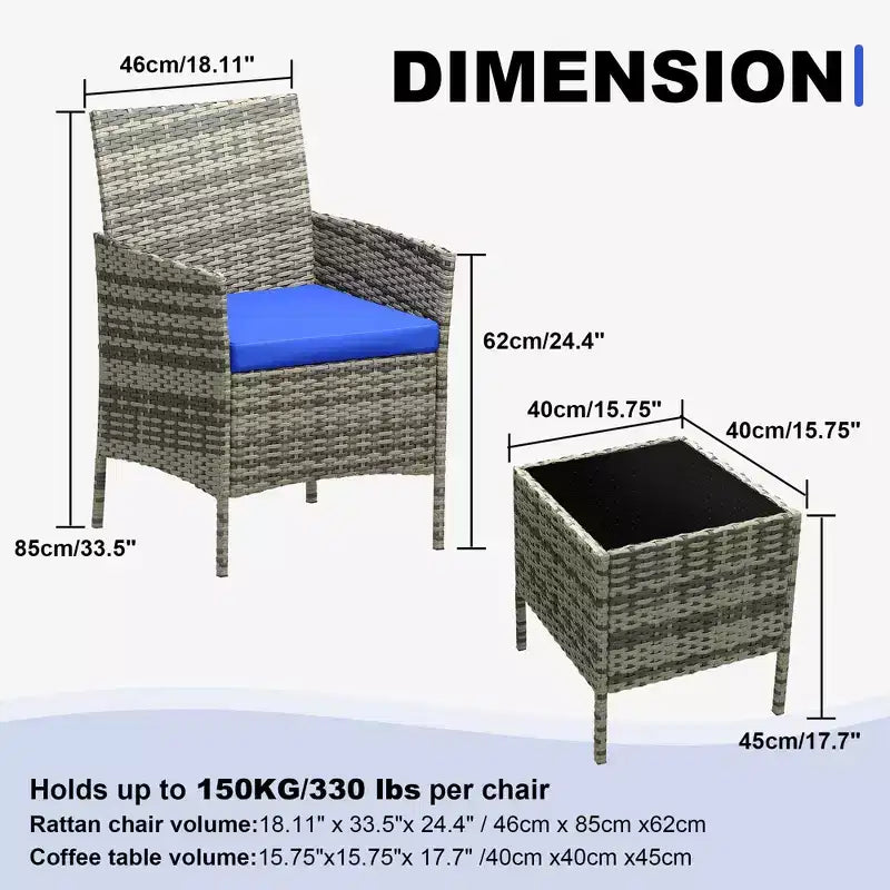 3 Piece Patio Set with PE Rattan  Outdoor Conversation Furniture Set for Front Porch, 2 Chairs & Coffee Table  Bistro Balcony Patio Furniture