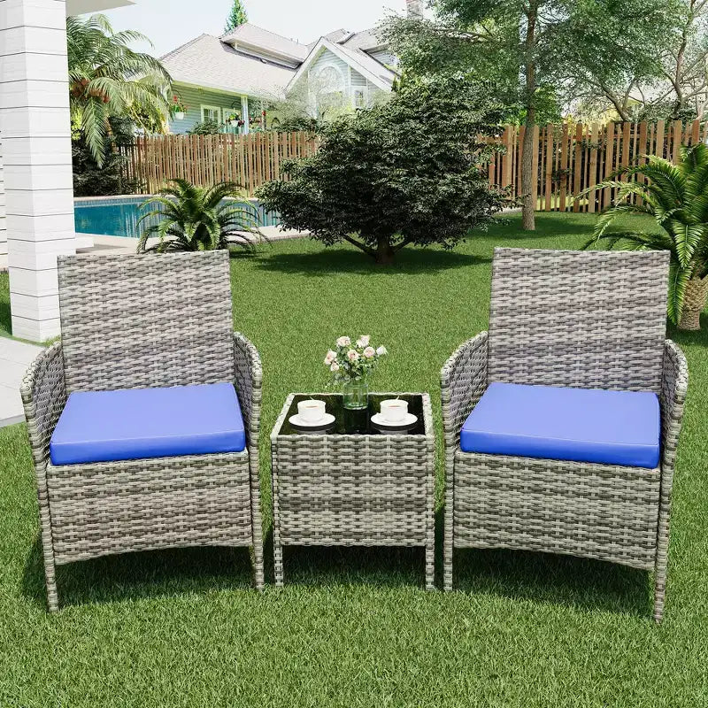 3 Piece Patio Set with PE Rattan  Outdoor Conversation Furniture Set for Front Porch, 2 Chairs & Coffee Table  Bistro Balcony Patio Furniture