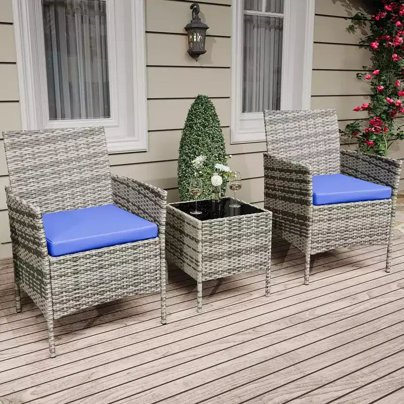 3 Piece Patio Set with PE Rattan  Outdoor Conversation Furniture Set for Front Porch, 2 Chairs & Coffee Table  Bistro Balcony Patio Furniture