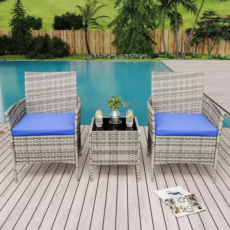 3 Piece Patio Set with PE Rattan  Outdoor Conversation Furniture Set for Front Porch, 2 Chairs & Coffee Table  Bistro Balcony Patio Furniture