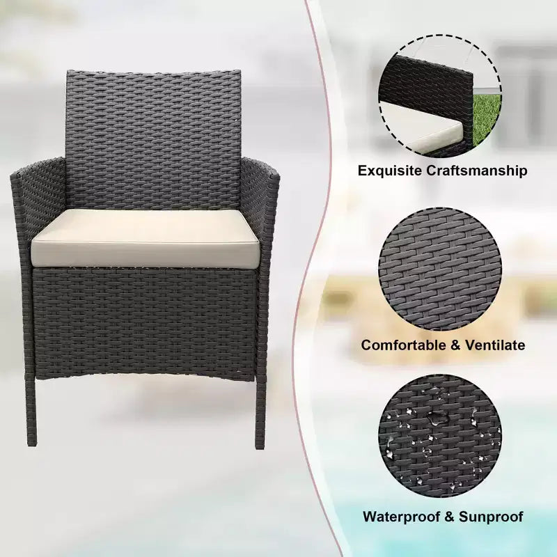 3 Piece Patio Set with PE Rattan  Outdoor Conversation Furniture Set for Front Porch, 2 Chairs & Coffee Table  Bistro Balcony Patio Furniture