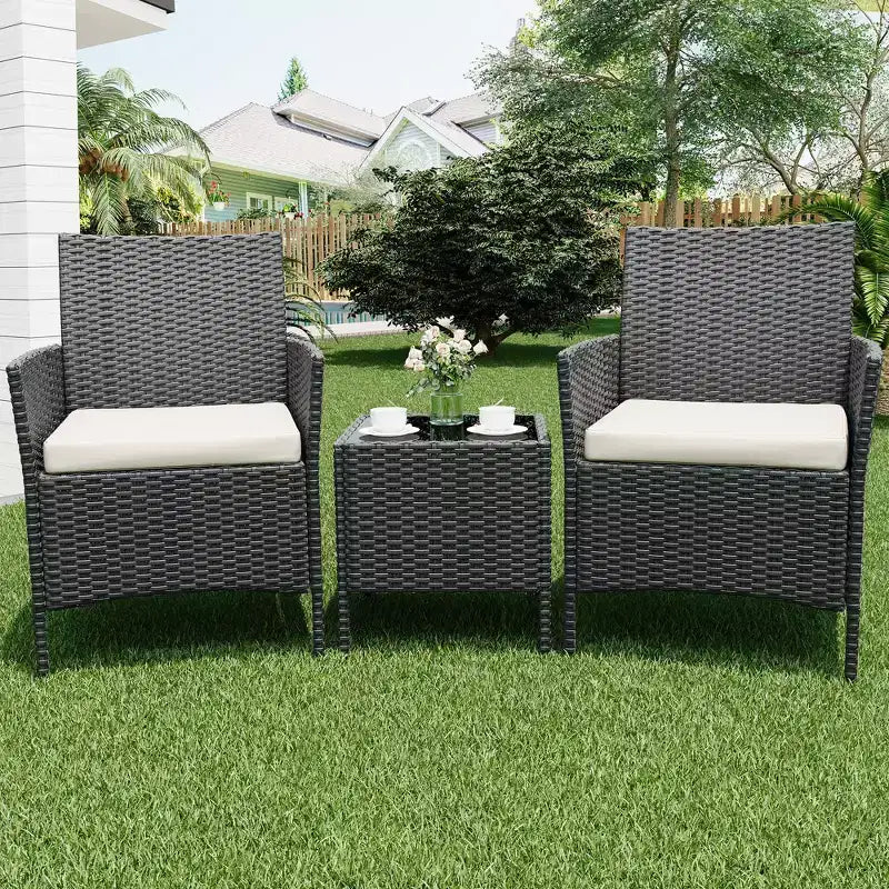 3 Piece Patio Set with PE Rattan  Outdoor Conversation Furniture Set for Front Porch, 2 Chairs & Coffee Table  Bistro Balcony Patio Furniture