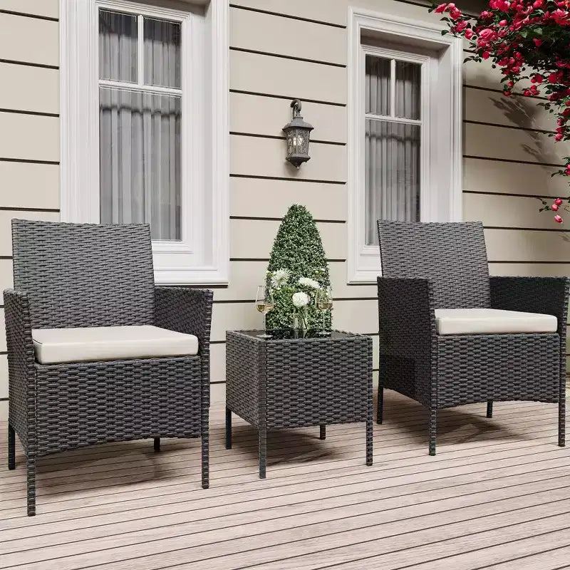 3 Piece Patio Set with PE Rattan  Outdoor Conversation Furniture Set for Front Porch, 2 Chairs & Coffee Table  Bistro Balcony Patio Furniture