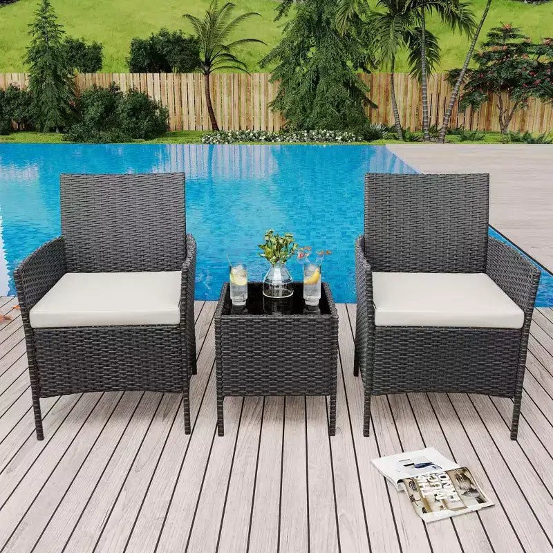 3 Piece Patio Set with PE Rattan  Outdoor Conversation Furniture Set for Front Porch, 2 Chairs & Coffee Table  Bistro Balcony Patio Furniture