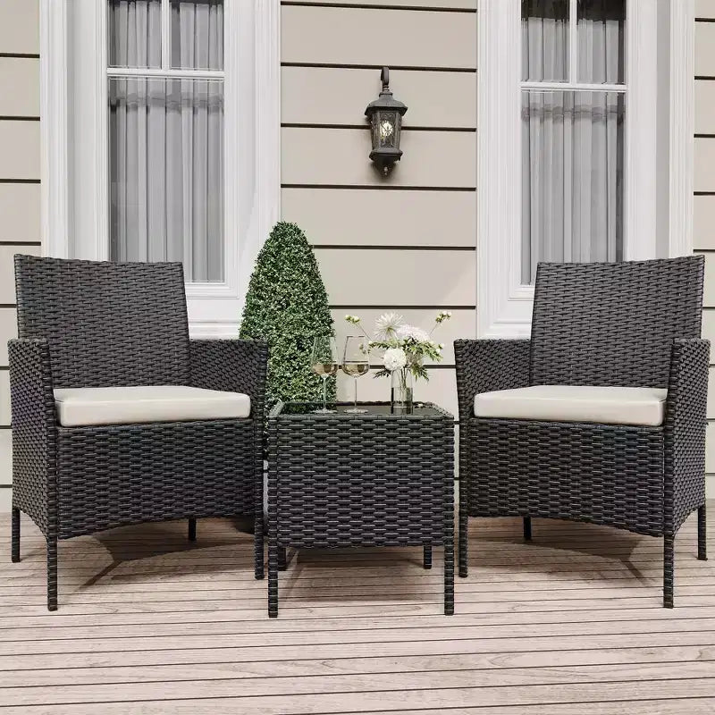 3 Piece Patio Set with PE Rattan  Outdoor Conversation Furniture Set for Front Porch, 2 Chairs & Coffee Table  Bistro Balcony Patio Furniture