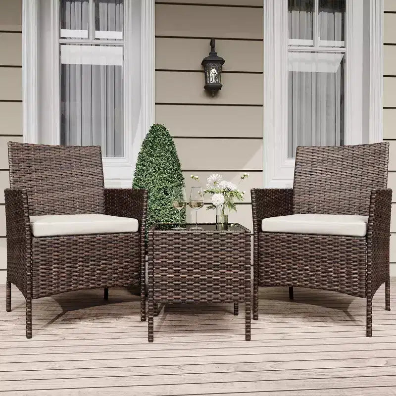 3 Piece Patio Set with PE Rattan  Outdoor Conversation Furniture Set for Front Porch, 2 Chairs & Coffee Table  Bistro Balcony Patio Furniture