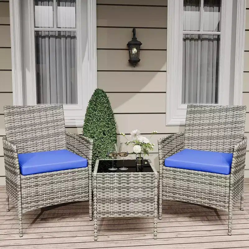 3 Piece Patio Set with PE Rattan  Outdoor Conversation Furniture Set for Front Porch, 2 Chairs & Coffee Table  Bistro Balcony Patio Furniture