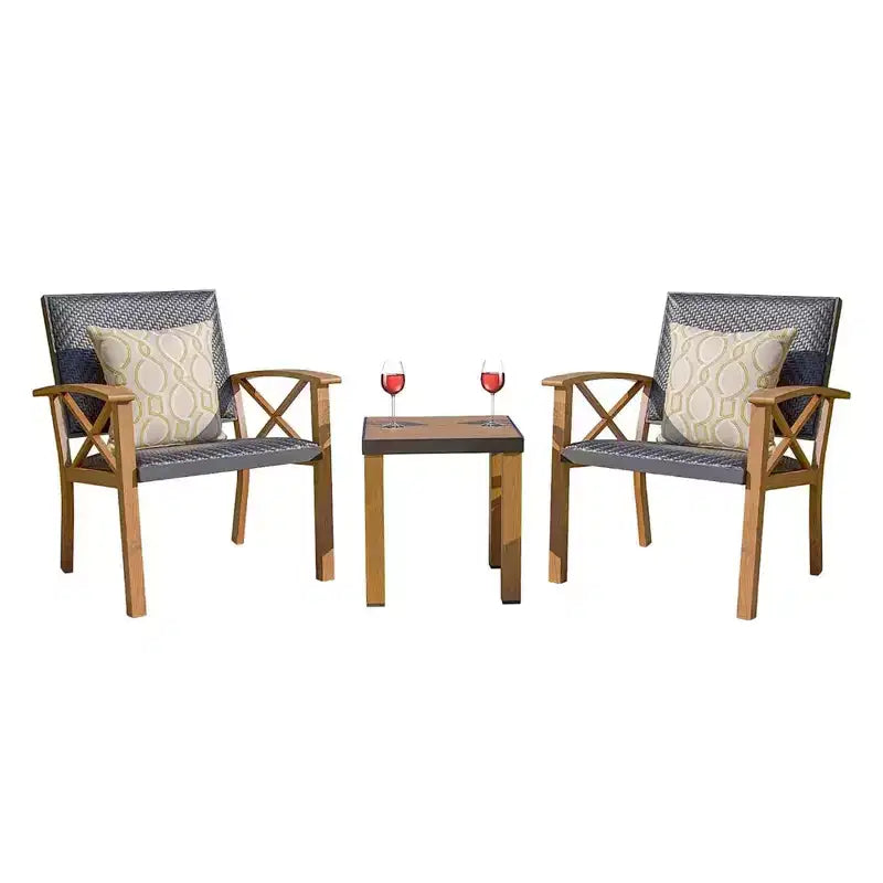 CLIHOME Outdoor Patio 3-Piece Conversation Set,Wood Grain Aluminum Wicker Table and Chair Bistro Set