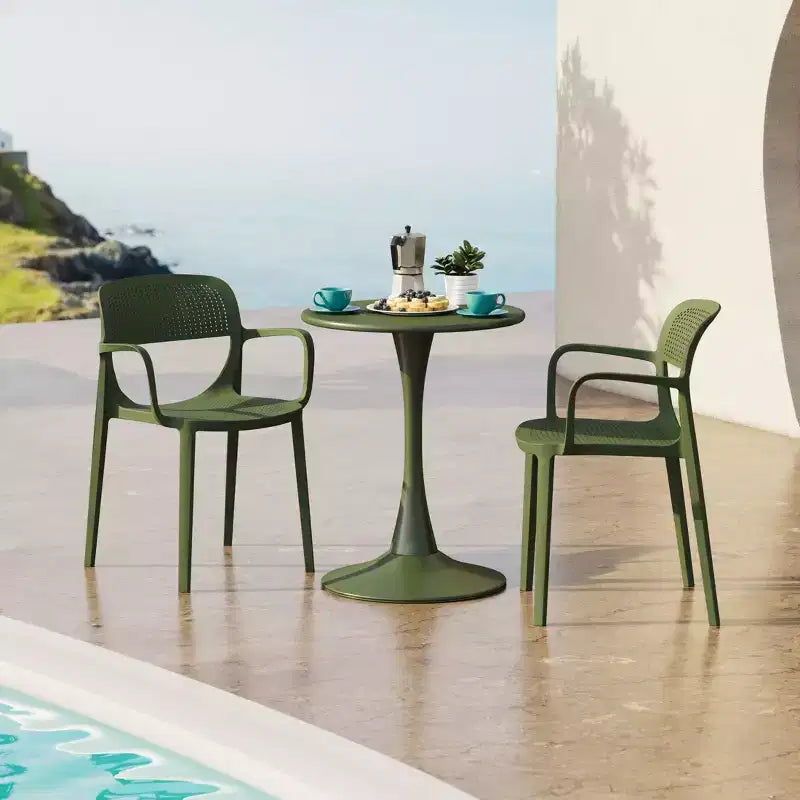 WestinTrends Playa 3-Piece Round Metal Bistro Dining Table Set And Stackable Resin Patio Dining Arm Chairs