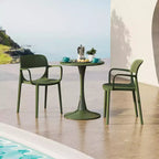WestinTrends Playa 3-Piece Round Metal Bistro Dining Table Set And Stackable Resin Patio Dining Arm Chairs