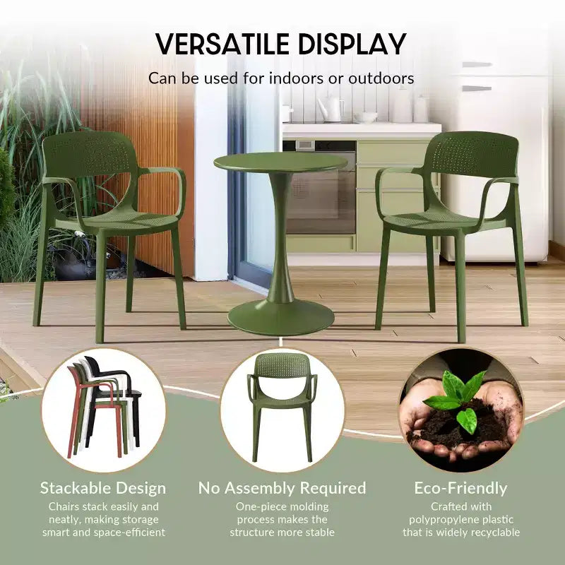 WestinTrends Playa 3-Piece Round Metal Bistro Dining Table Set And Stackable Resin Patio Dining Arm Chairs