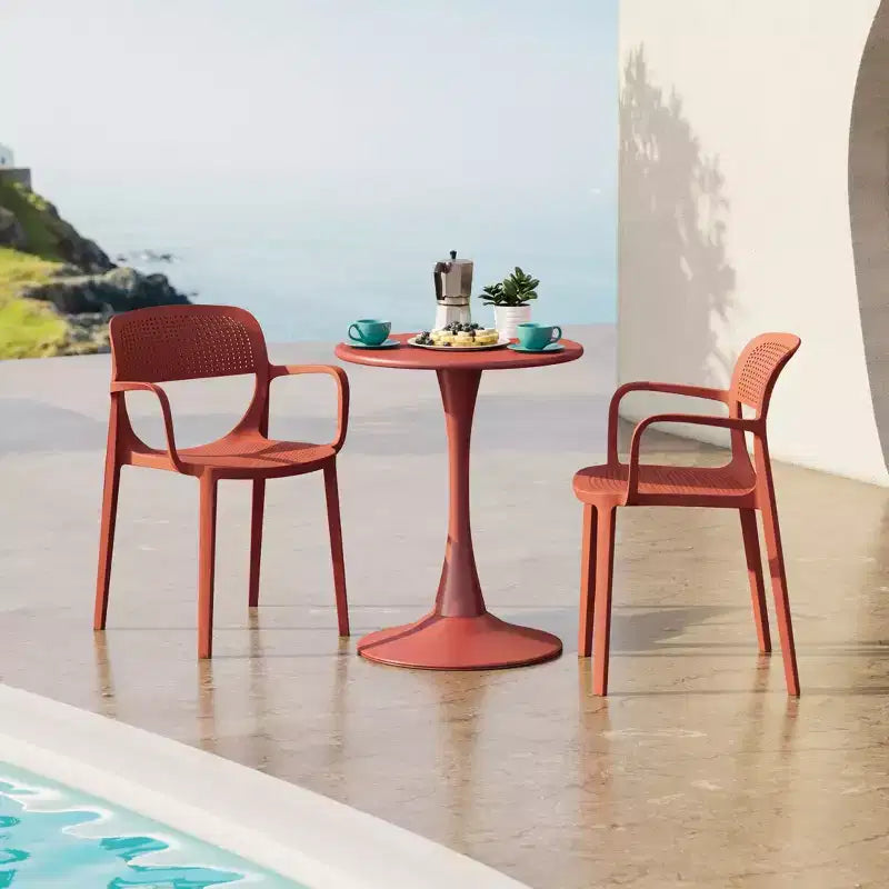 WestinTrends Playa 3-Piece Round Metal Bistro Dining Table Set And Stackable Resin Patio Dining Arm Chairs