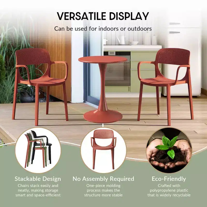 WestinTrends Playa 3-Piece Round Metal Bistro Dining Table Set And Stackable Resin Patio Dining Arm Chairs
