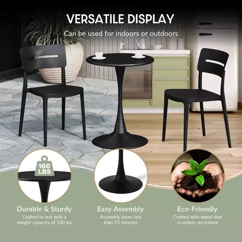 WestinTrends Playa 3-Piece Round Metal Bistro Dining Table Set And Stackable Resin Patio Dining Arm Chairs