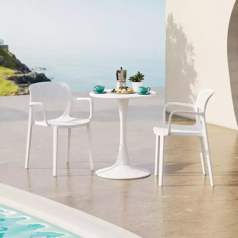 WestinTrends Playa 3-Piece Round Metal Bistro Dining Table Set And Stackable Resin Patio Dining Arm Chairs