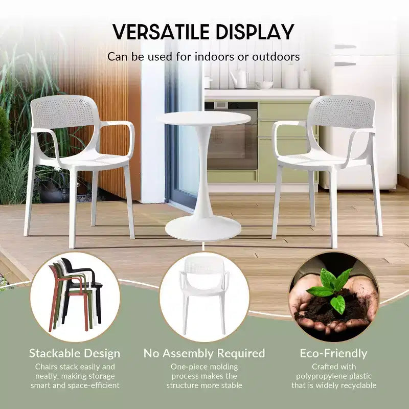 WestinTrends Playa 3-Piece Round Metal Bistro Dining Table Set And Stackable Resin Patio Dining Arm Chairs