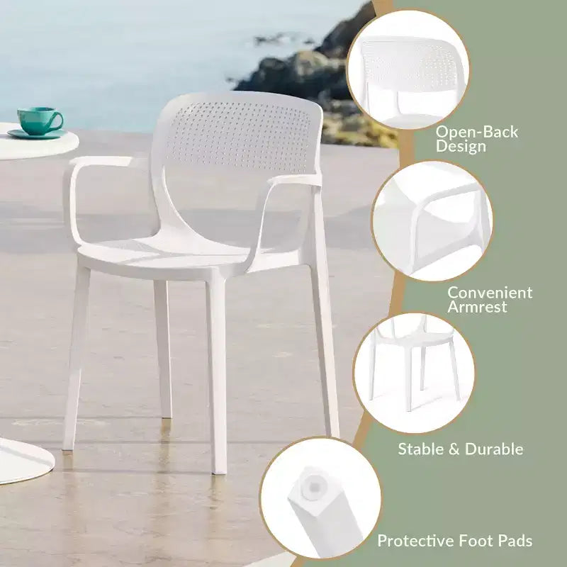 WestinTrends Playa 3-Piece Round Metal Bistro Dining Table Set And Stackable Resin Patio Dining Arm Chairs