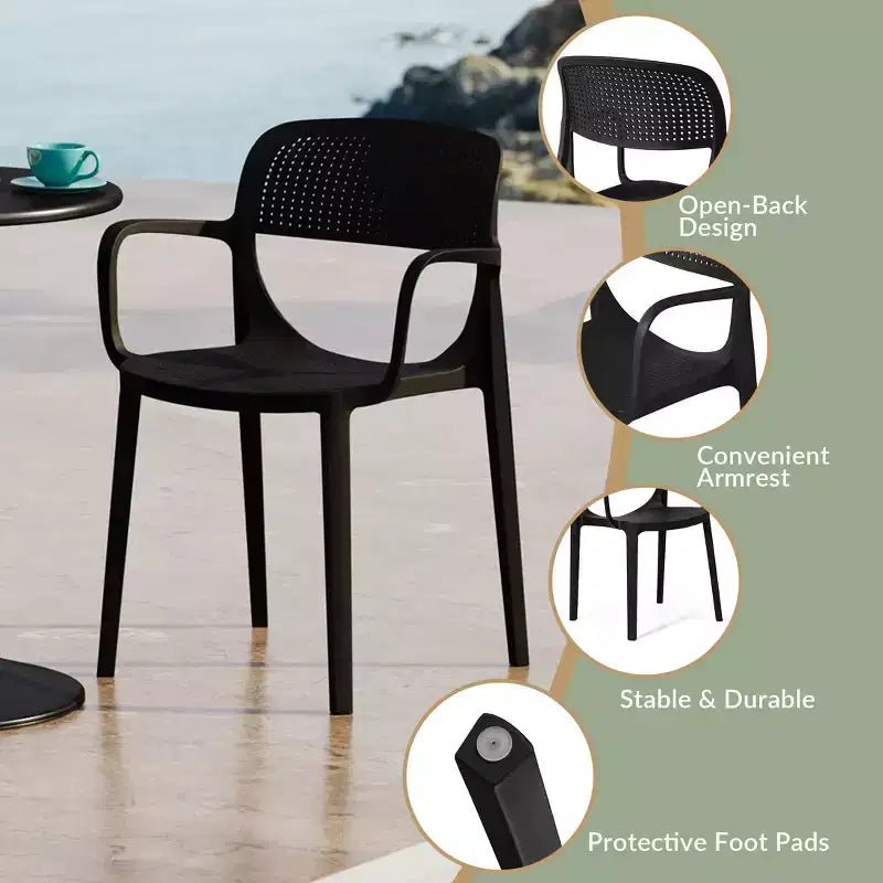 WestinTrends Playa 3-Piece Round Metal Bistro Dining Table Set And Stackable Resin Patio Dining Arm Chairs