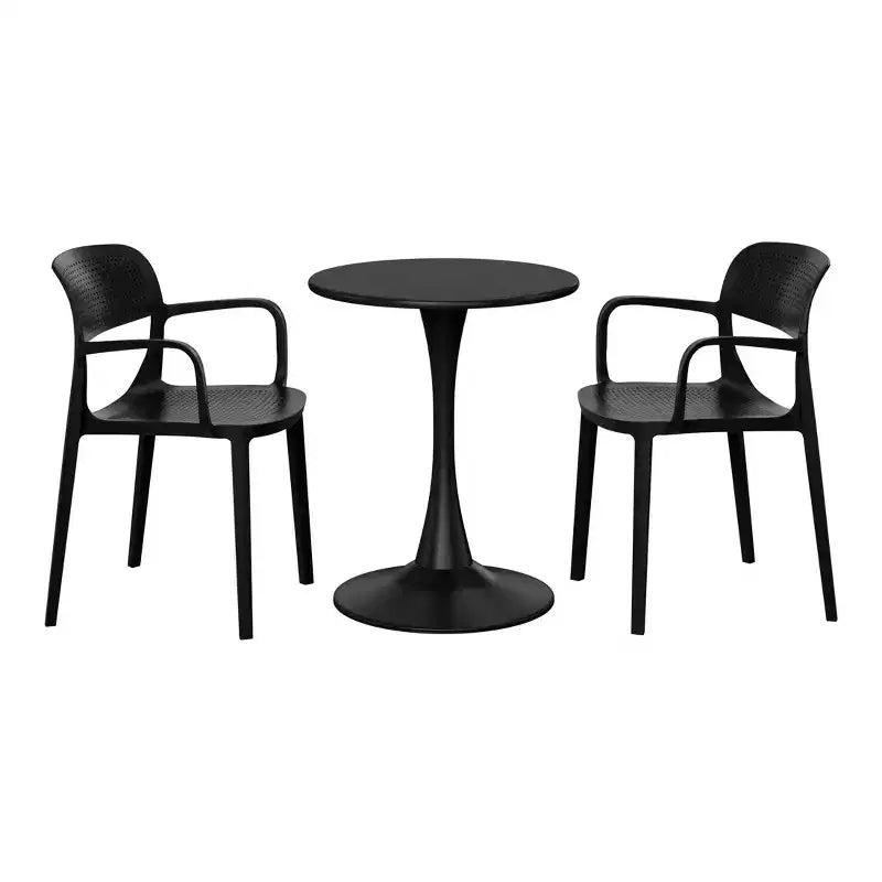 WestinTrends Playa 3-Piece Round Metal Bistro Dining Table Set And Stackable Resin Patio Dining Arm Chairs