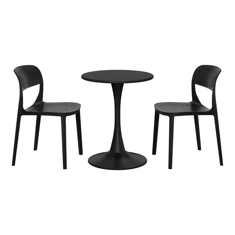 WestinTrends Playa 3-Piece Round Metal Bistro Dining Table Set And Stackable Resin Patio Dining Side Chairs