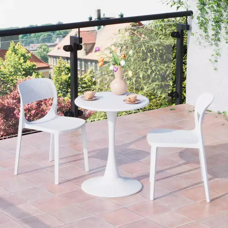 WestinTrends Playa 3-Piece Round Metal Bistro Dining Table Set And Stackable Resin Patio Dining Side Chairs