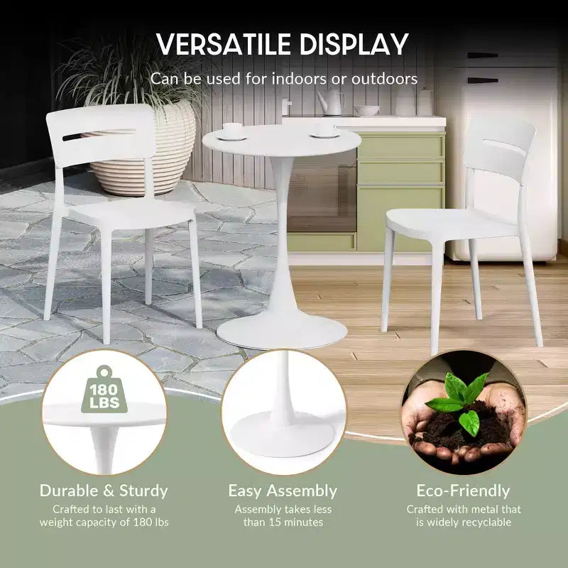 WestinTrends Playa 3-Piece Round Metal Bistro Dining Table Set And Stackable Resin Patio Dining Side Chairs