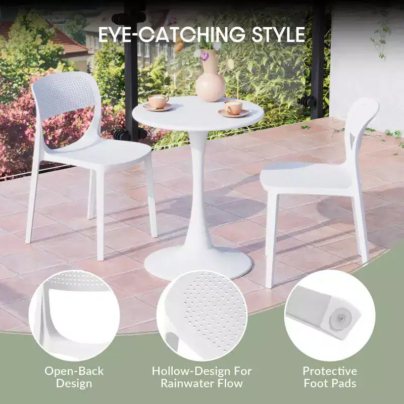 WestinTrends Playa 3-Piece Round Metal Bistro Dining Table Set And Stackable Resin Patio Dining Side Chairs